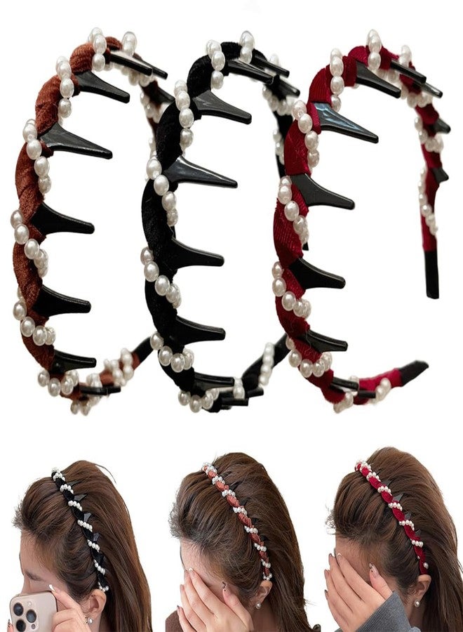 tebazoew Vintage High Cranium Artificial Pearl Hairband, Elegant Braided Pearls Headbands with Teeth, Bridal Hair Hoop Rhinestones for Women, Wedding Party Hair Hoop Band Headwear for Bride(3 pcs) - Image 1